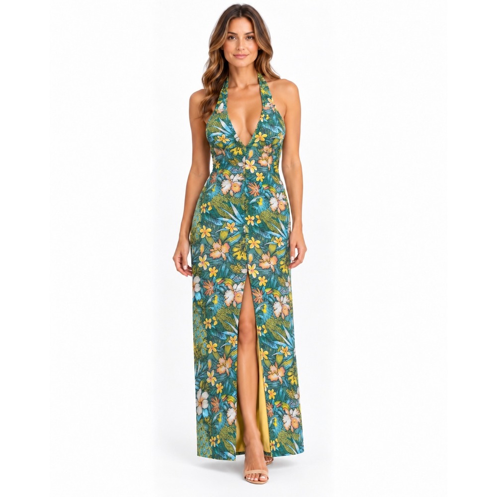 Le Superbe Tropical Peacock Floral Halter Maxi Dress Front Slit Size M USA made